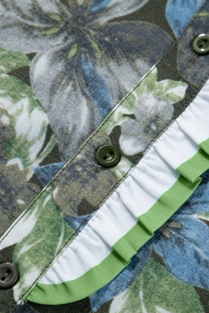 Green Ruffled Short Sleeve Floral Summer Blouse