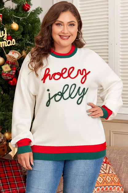 Plus Size/Plus Size Sweaters & Cardigans White Tinsel holly jolly Pattern Colorblock Edge Drop Shoulder Plus Size Sweater