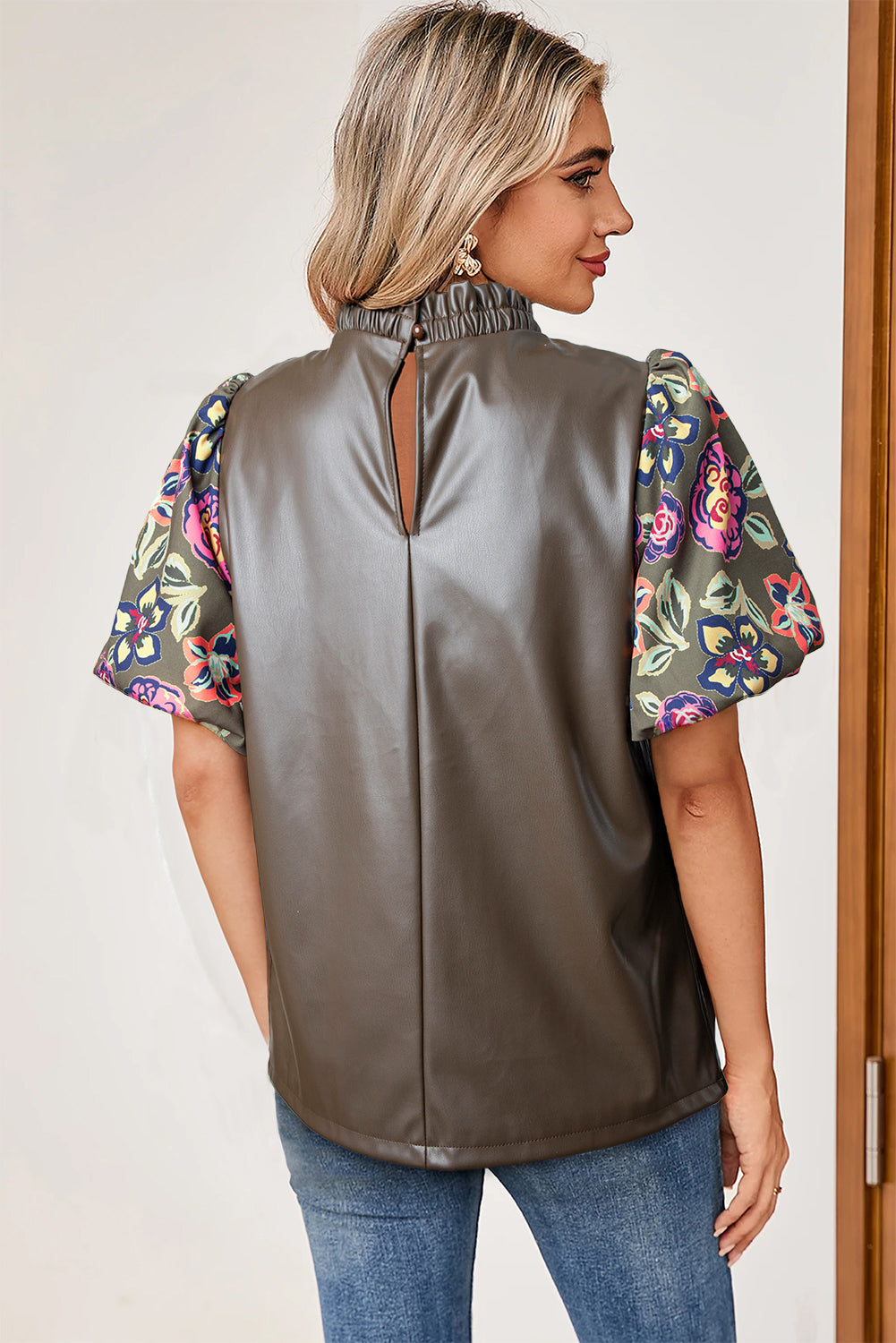 Floral Bubble Sleeve Patchwork Leatherette Frilled Round Neck Blouse