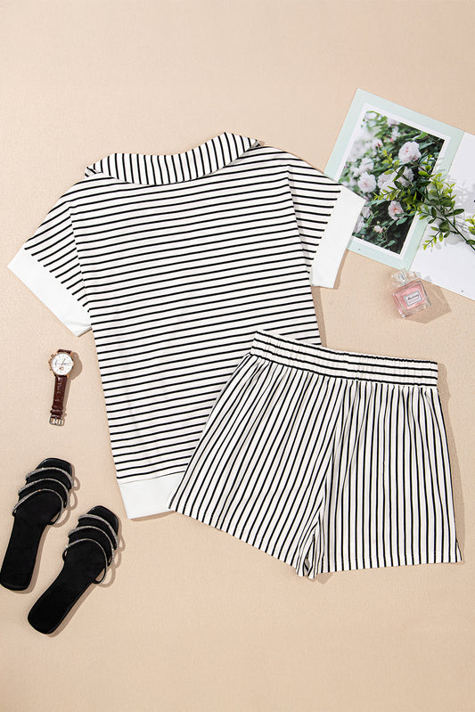 Black Stripe V Neck Tee and Casual Short Set