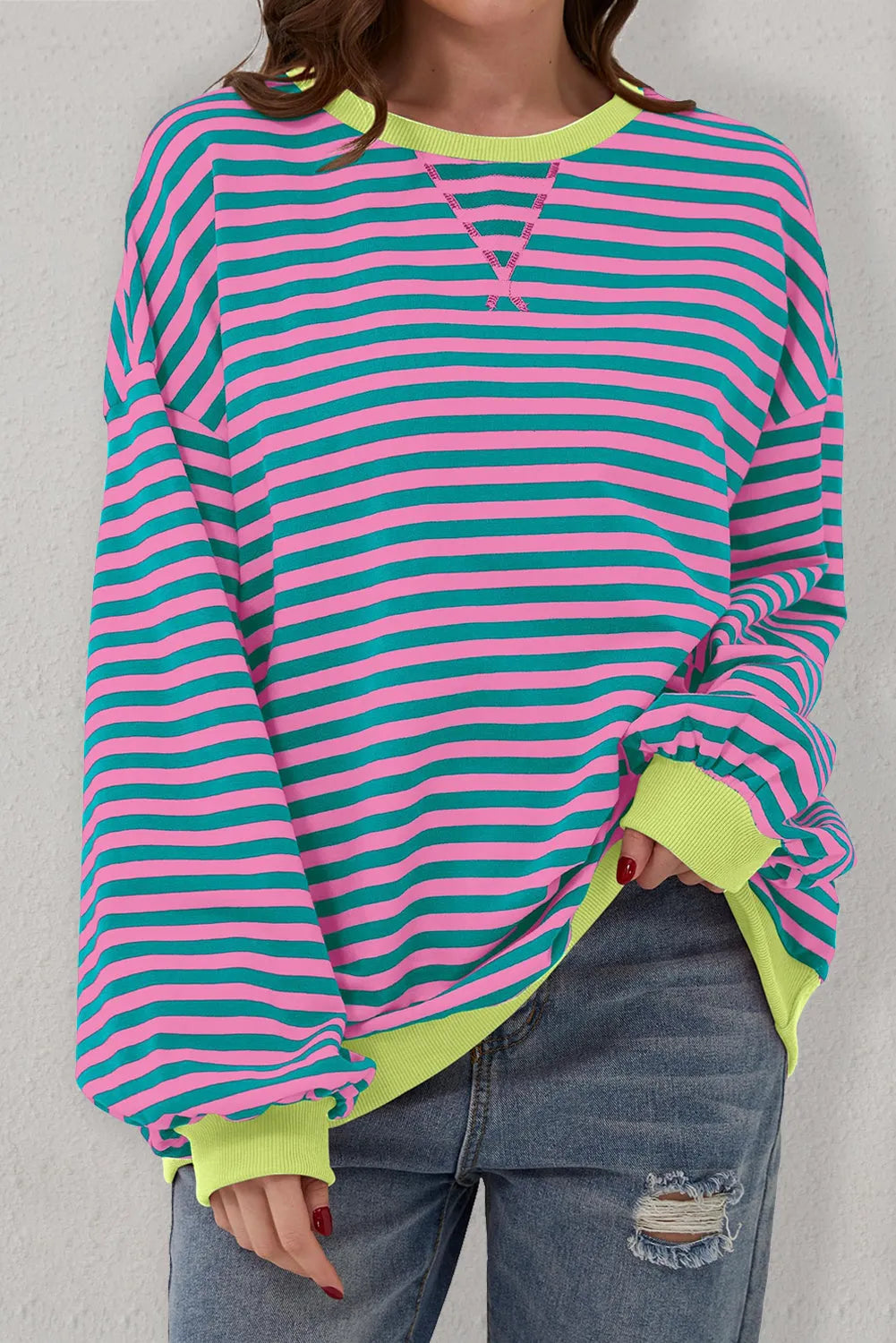 Green Stripe Oversized Contrast Trim Pullover Sweatshirt - Chic Meadow Boutique 