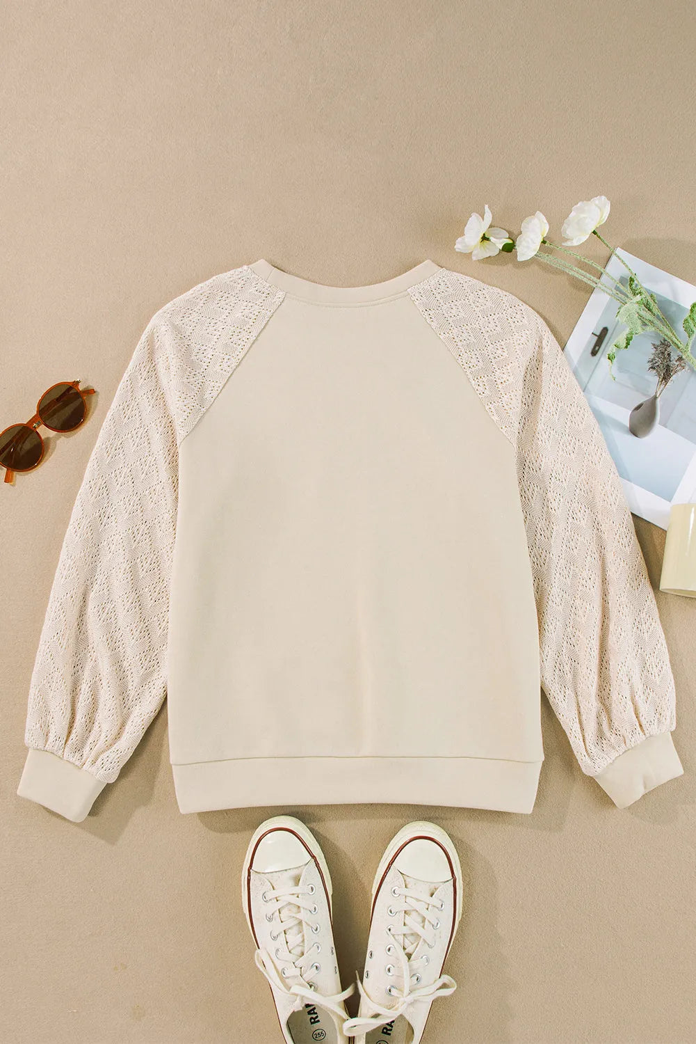 Parchment Eyelet Knit Patchwork Raglan Sleeve Pullover Top - Chic Meadow Boutique 