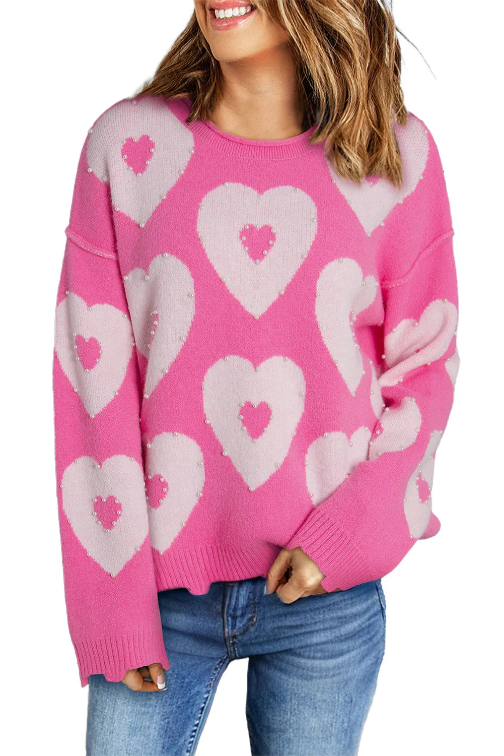 Bonbon Pearl Beaded Heart Drop Shoulder Sweater - Chic Meadow Boutique 