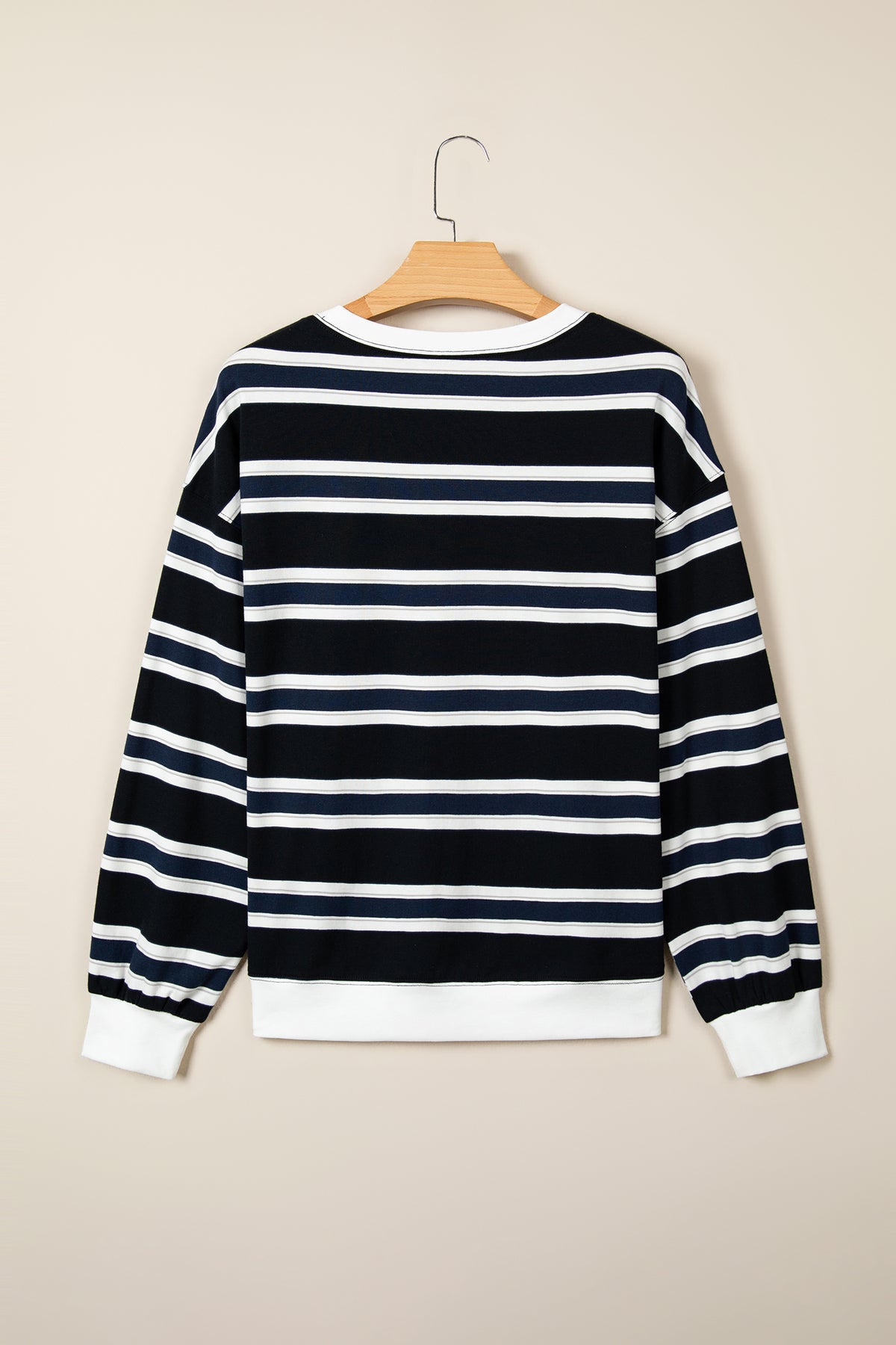 Blue Stripe Ribbed Color Block Trim Round Neck Dropped Shoulder Sweatshirt