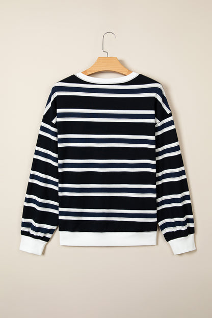 Blue Stripe Ribbed Color Block Trim Round Neck Dropped Shoulder Sweatshirt