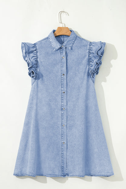 Beau Blue Double Ruffled Sleeves Buttoned A-line Collared Mini Denim Dress