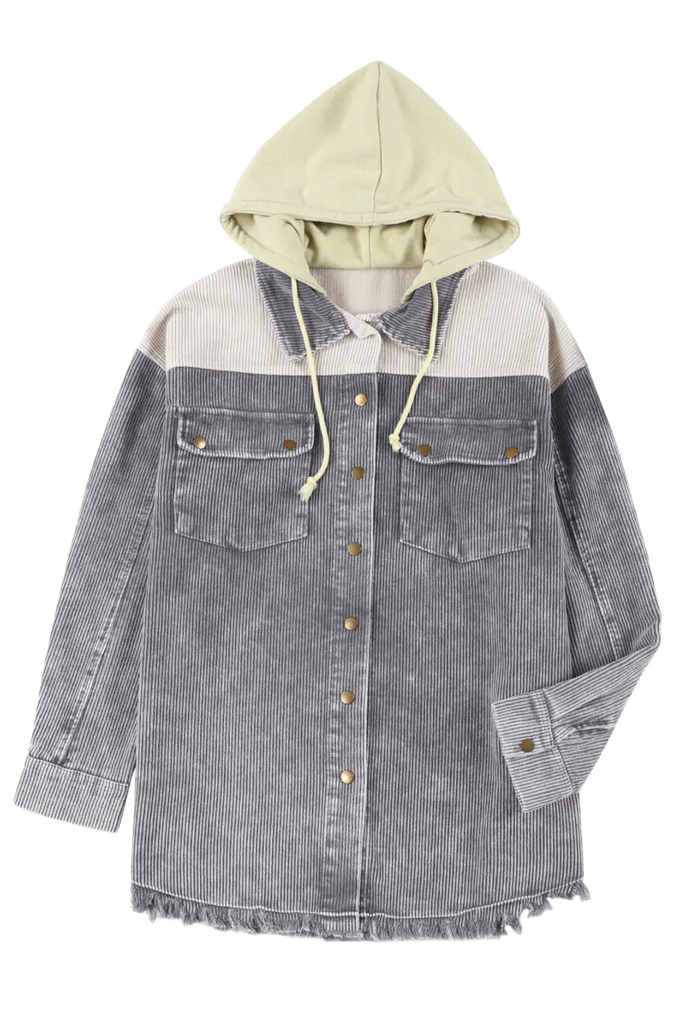 Gray Color Block Button Down Hooded Corduroy Jacket - Chic Meadow Boutique 