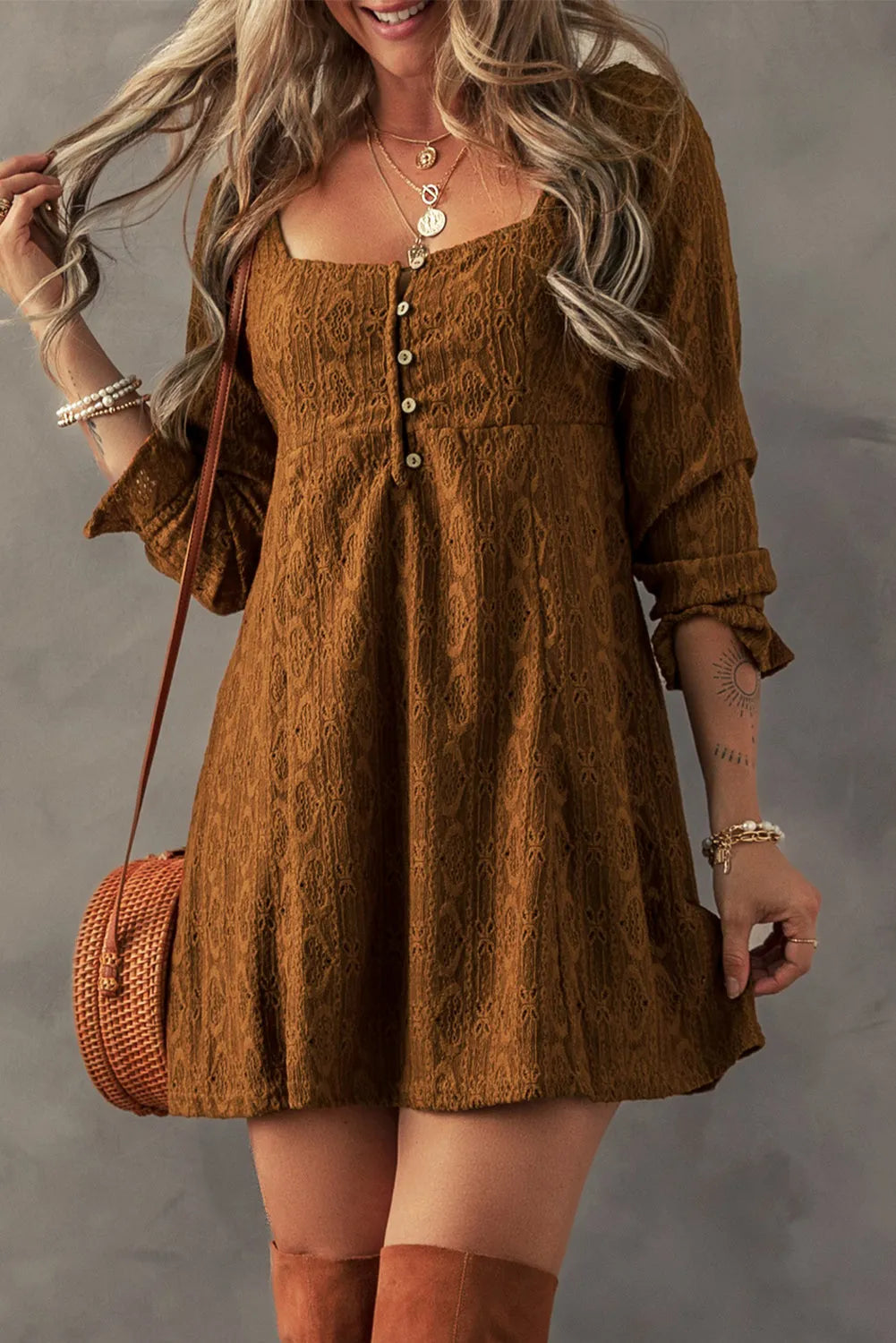 Chestnut Lace Crochet Buttoned Square Neck Shift Mini Dress - Chic Meadow Boutique 