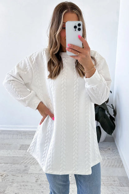 White Cable Textured Long Sleeve Round Neck Top - Chic Meadow Boutique 