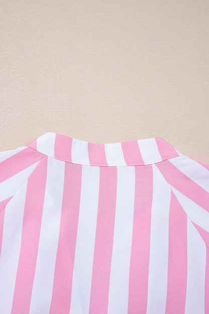 Rose Stripe Split Neck Button Decor Front Puff Sleeve Blouse