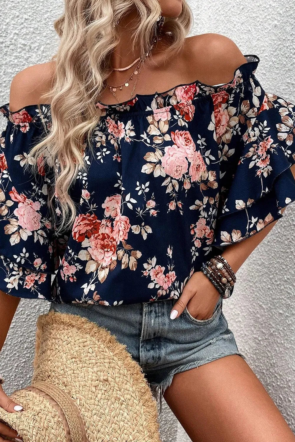 Blue Ruffle Off Shoulder Flounce Sleeve Floral Blouse - Chic Meadow Boutique 