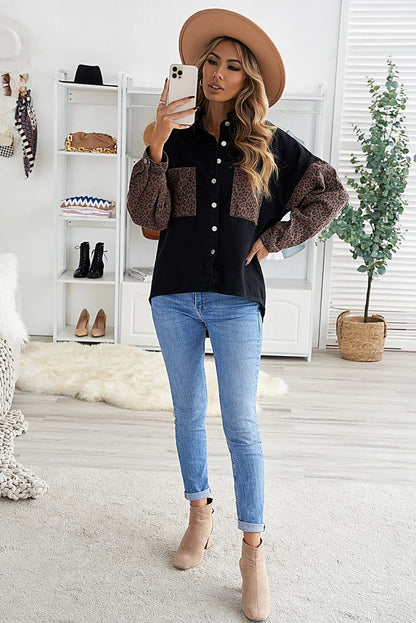 Black Contrast Leopard Denim Jacket - Chic Meadow Boutique 