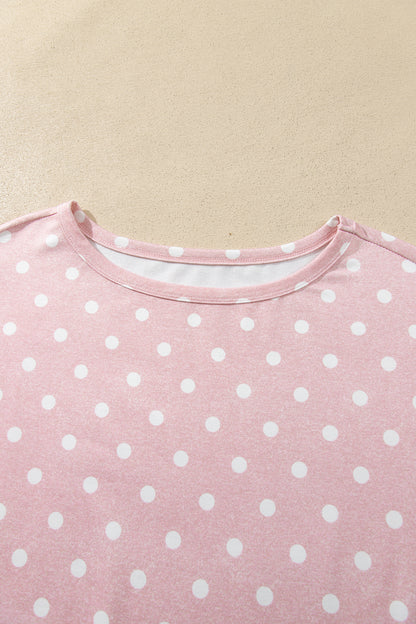 Pink Polka Dot Long Sleeve Top Drawstring Shorts Loose 2pcs Set