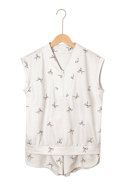 Beige Bow Print Half Zip Tank and Shorts 2pcs Set