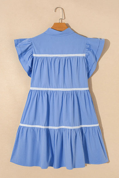 Sky Blue Lace Trim Accent Ruffled Tiered Dress - Chic Meadow Boutique 