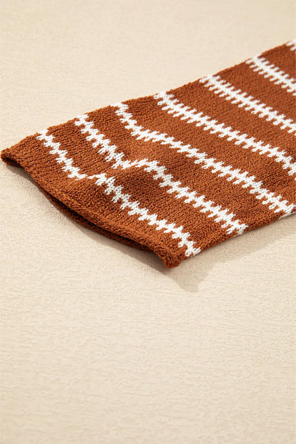 Brown Stripe Drop Shoulder Casual Sweater - Chic Meadow Boutique 