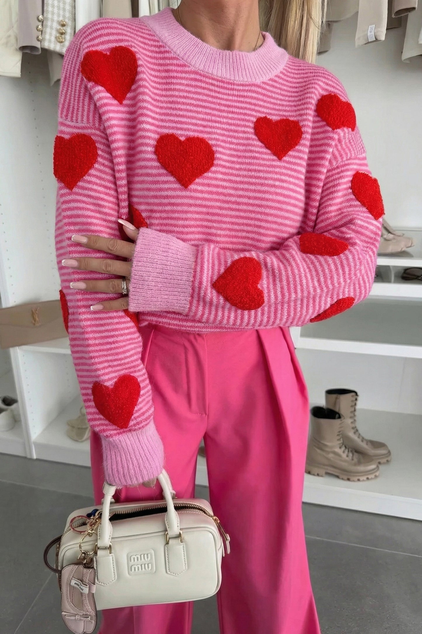 Rose Stripe Contrast Heart Pattern Valentine Knit Sweater