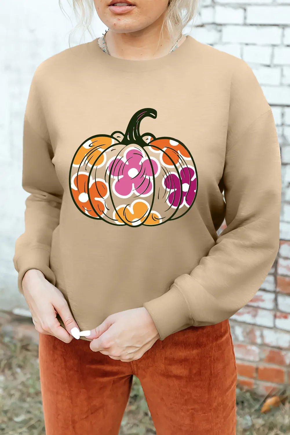 Khaki Halloween Floral Pumpkin Graphic Drop Shoulder Sweatshirt - Chic Meadow Boutique 