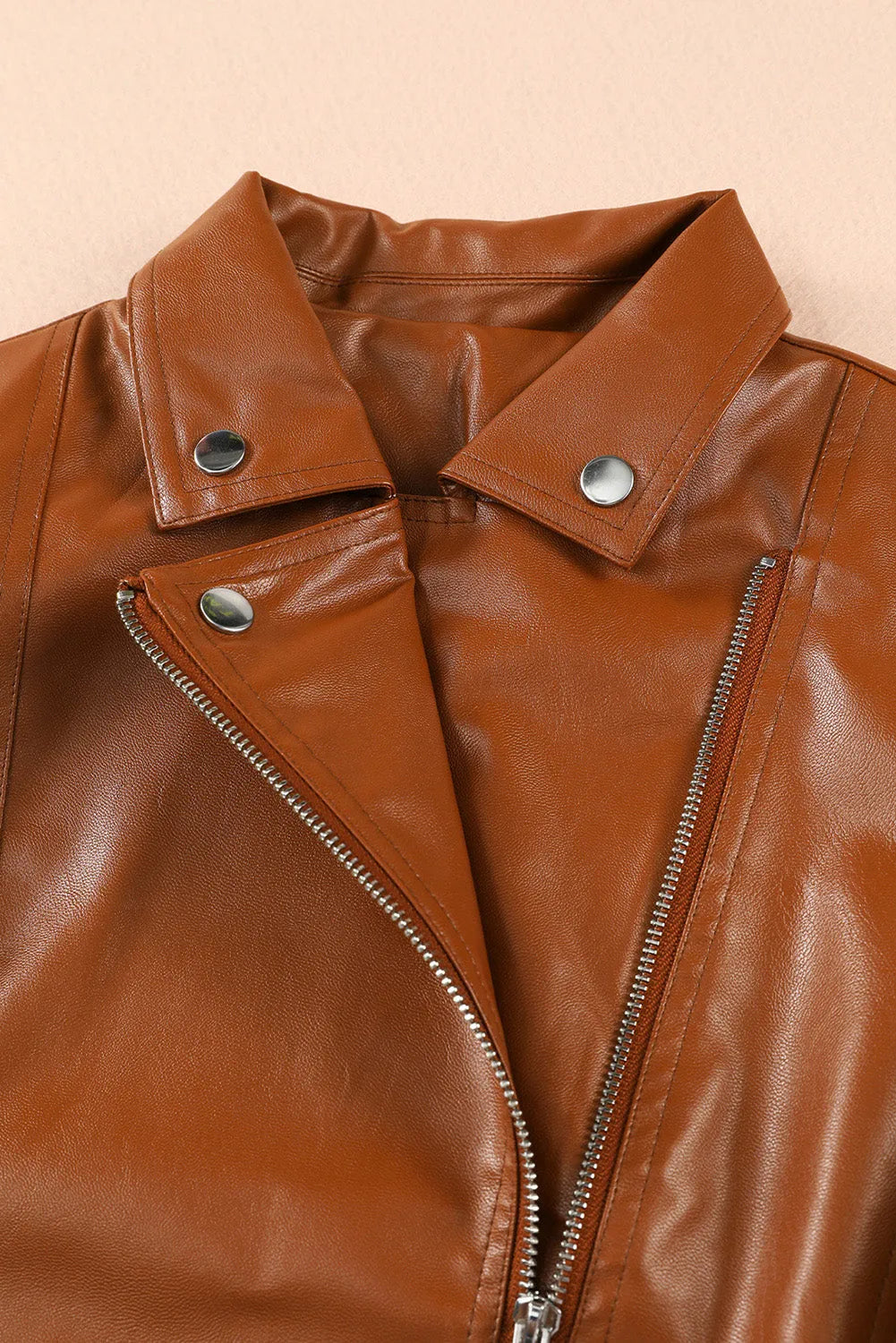 Brown Ribbed Seam Detail Faux Leather Zipped Motorcycle Jacket - Chic Meadow Boutique 