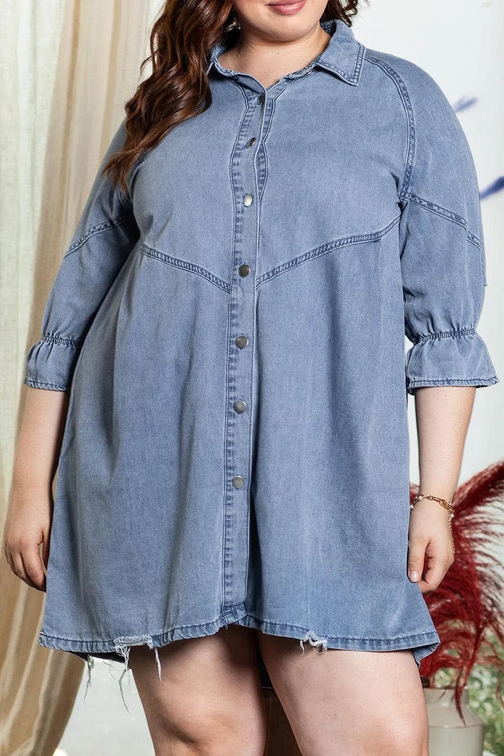 Plus Size/Plus Size Dresses/Plus Size Mini Dresses Light Blue / 1X / 87%Cotton+6%Polyester+7%Viscose Light Blue Ruffled 3/4 Sleeve Buttoned Front Plus Size Denim Dress