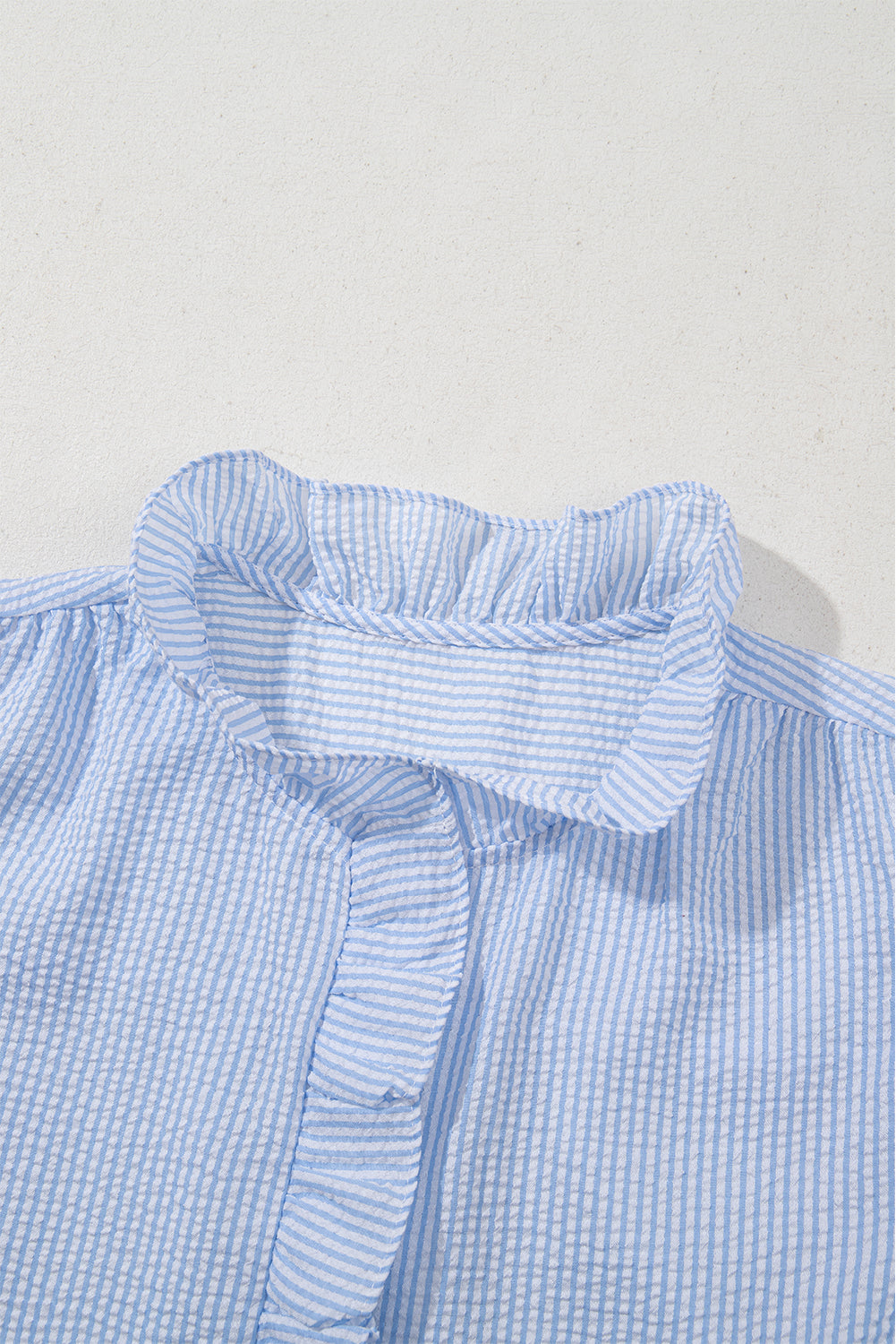 Beau Blue Striped Ruffle Short Bubble Sleeve Shirt
