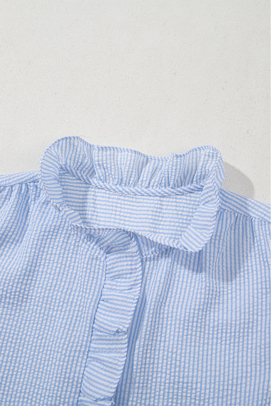 Beau Blue Striped Ruffle Short Bubble Sleeve Shirt