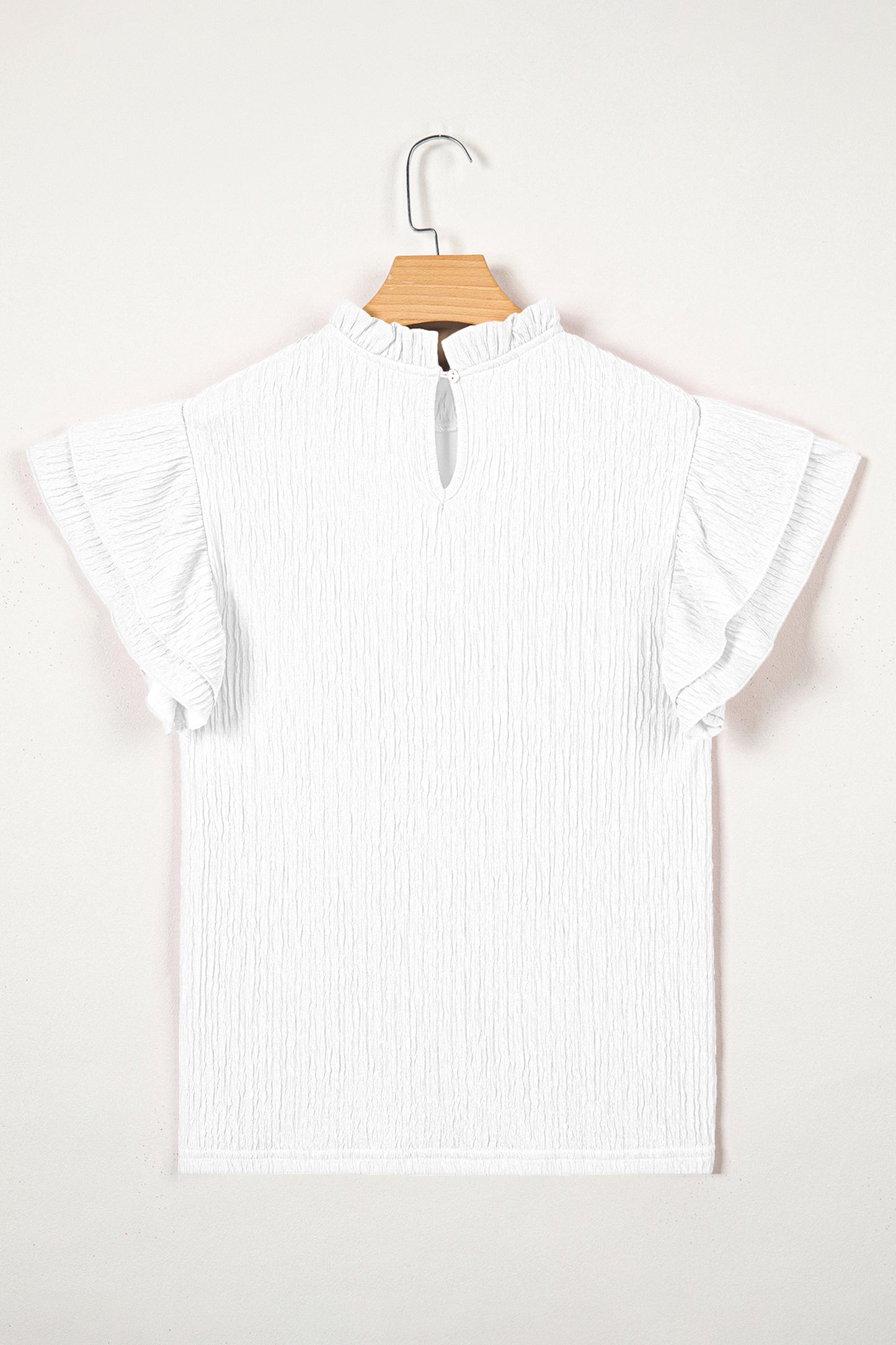 White Solid Color Textured Ruffle Trim Short Sleeve Blouse