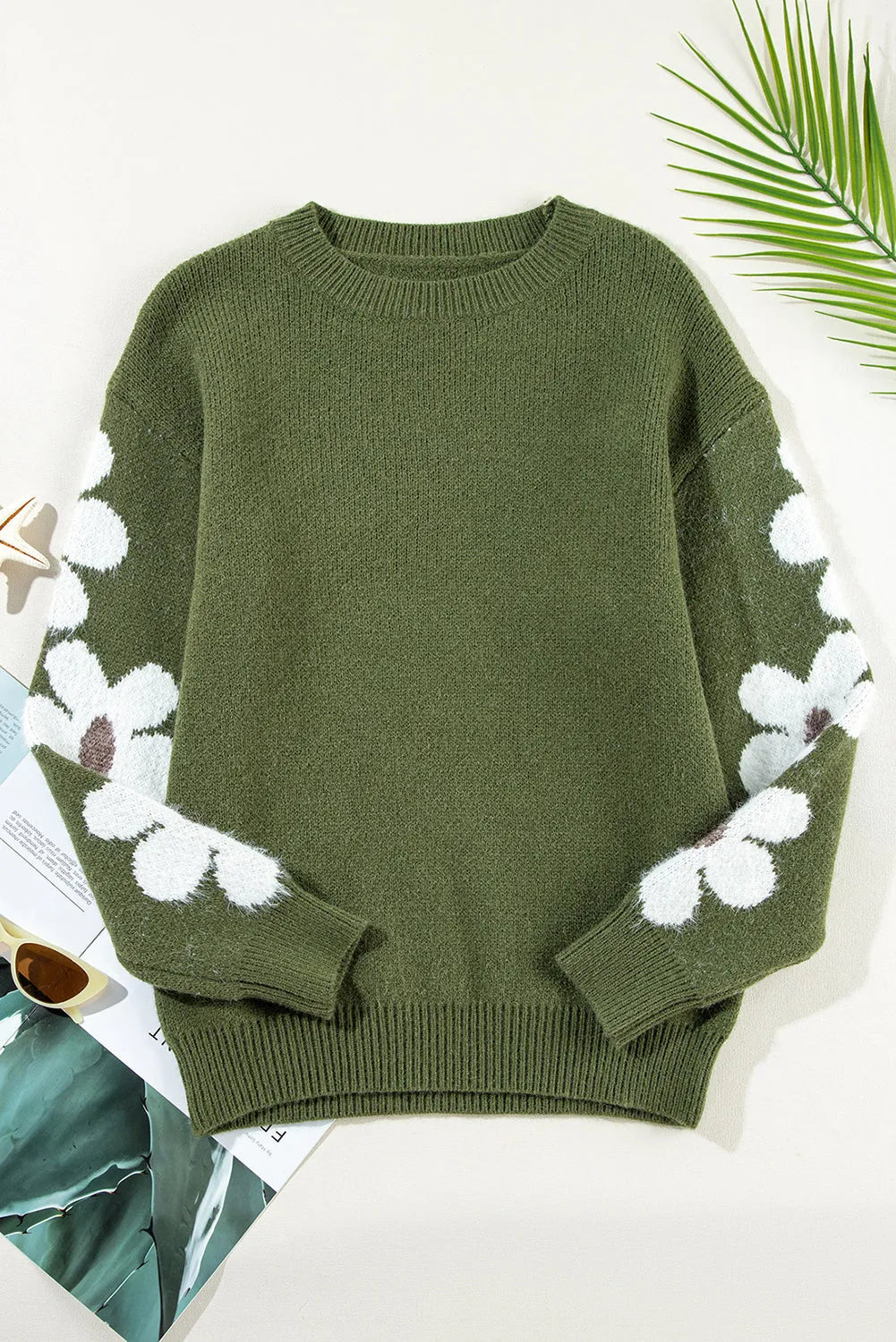 Moss Green Flower Sleeve Drop Shoulder Sweater - Chic Meadow Boutique 