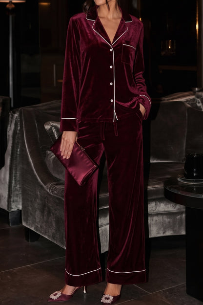 Burgundy Velvet Long Sleeve Top and Pants Two Piece Casual Lounge Set