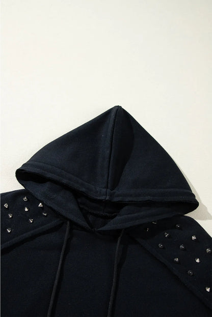 Black Solid Color Rivet Stud Raglan Sleeve Hoodie with Pocket - Chic Meadow Boutique 