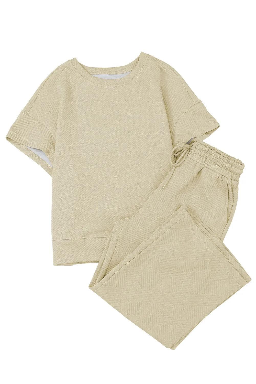 Two Piece Sets/Pant Sets Apricot Textured Loose Fit T Shirt and Drawstring Pants Set