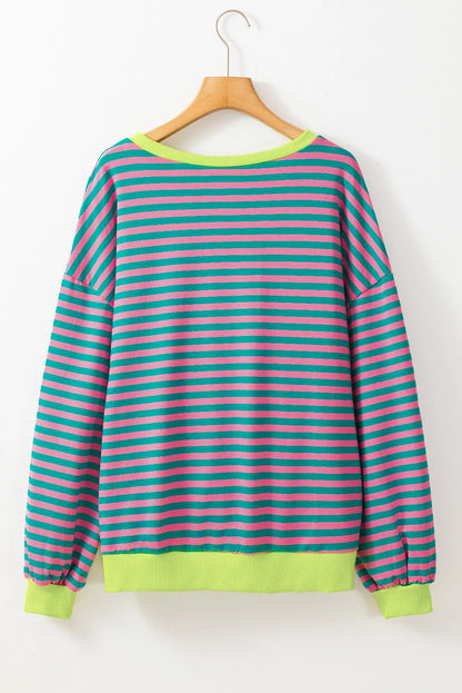 Green Stripe Oversized Contrast Trim Pullover Sweatshirt - Chic Meadow Boutique 