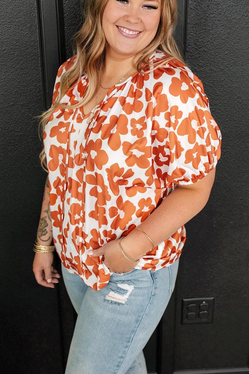 Plus Size/Plus Size Tops/Plus Size Blouses & Shirts Orange Plus Size Floral Print Drawstring V Neck Short Sleeve Blouse