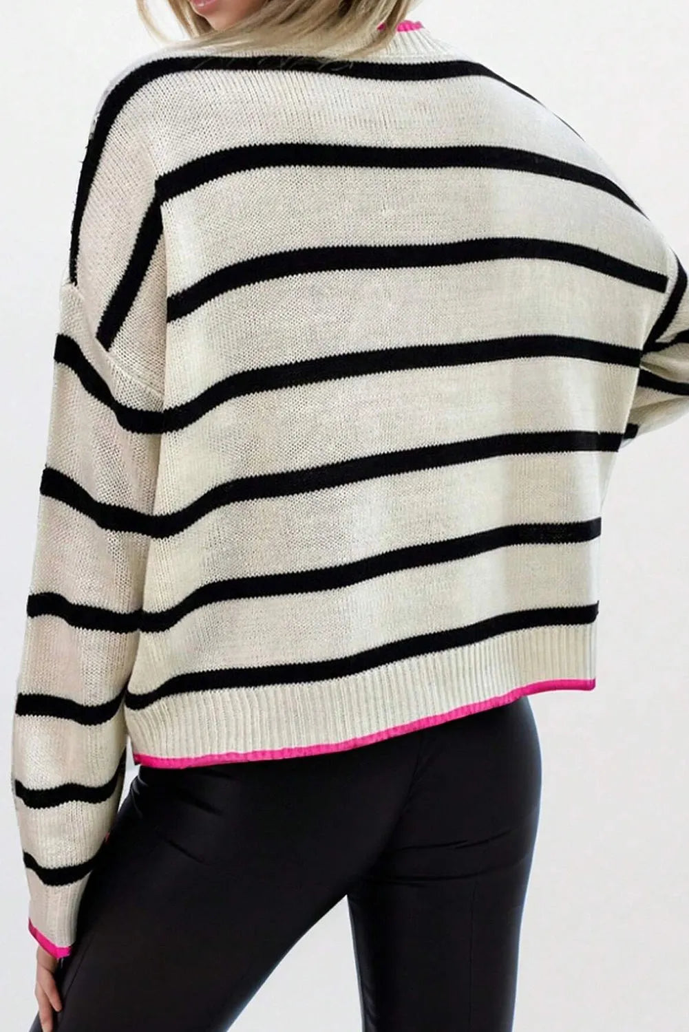 White Stripe Color Contrast Drop Shoulder Crew Neck Sweater - Chic Meadow Boutique 