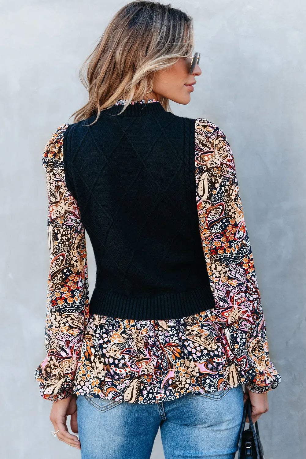 Black Contrast Floral Sleeve Peplum Sweater - Chic Meadow Boutique 