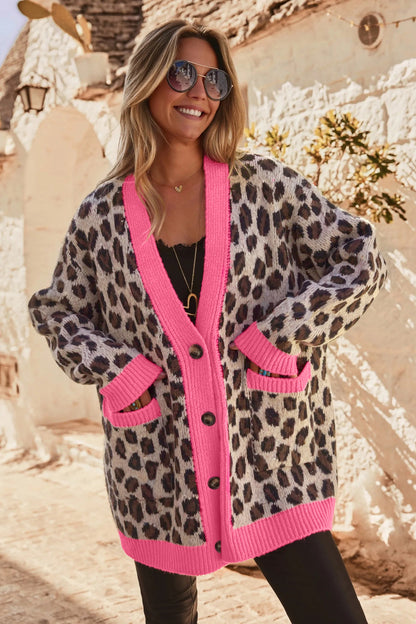 Khaki Oversize Color Block Trim Button Down Leopard Print Cardigan