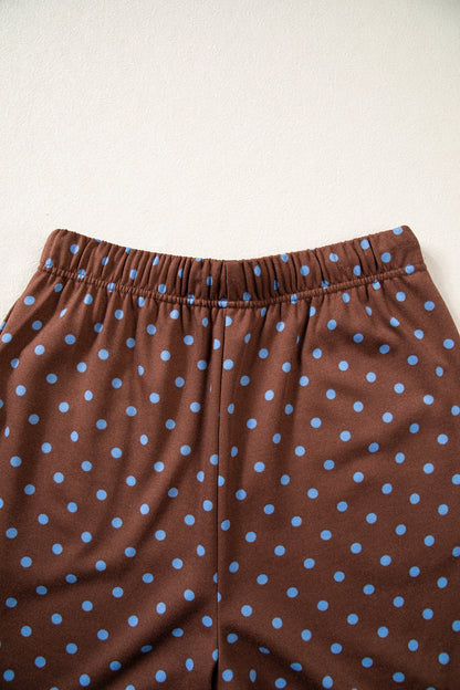 Brown Polka Dot Drawstring Wide Leg Long Sleeve Top Pant Set