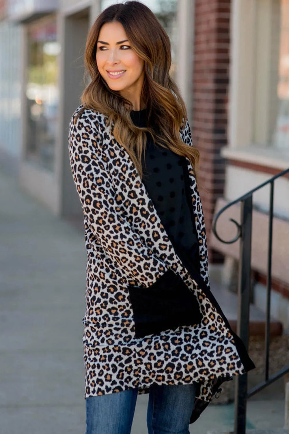 Black Leopard Patched Pocket Open Front Cardigan - Chic Meadow Boutique 