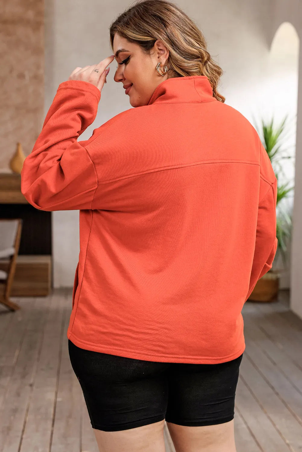 Orange O-ring Zipper Pocketed Plus Size Sweatshirt - Chic Meadow Boutique 