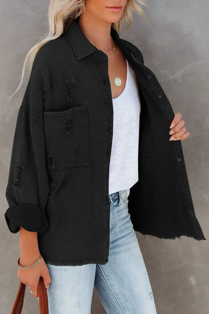 Black Distressed Fringe Trim Denim Jacket - Chic Meadow Boutique 