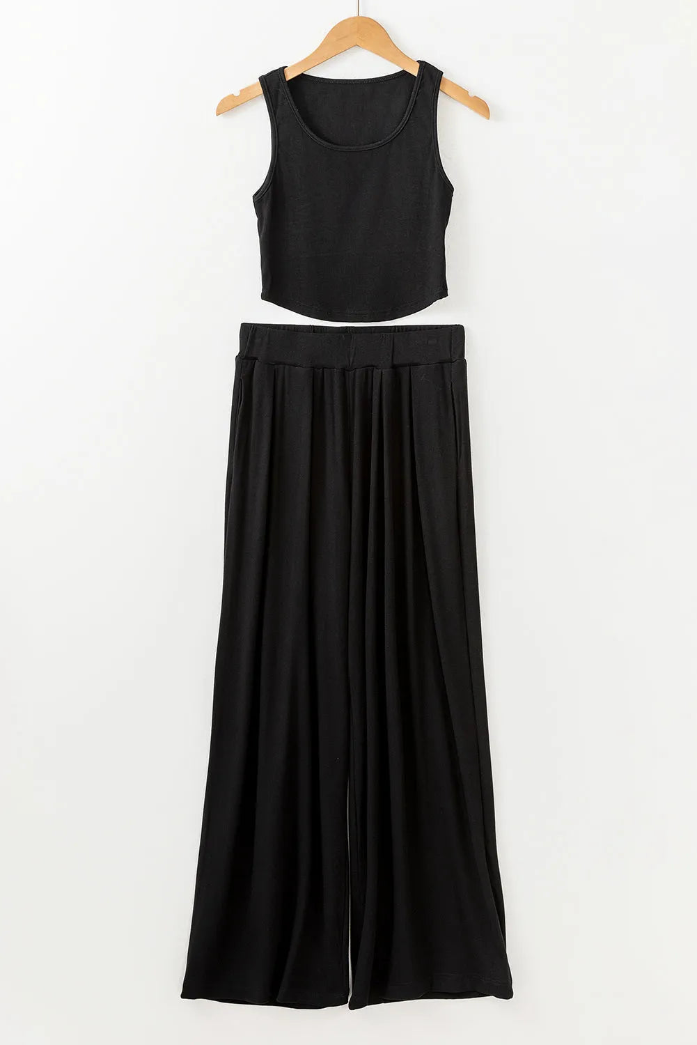 Black Textured Sleeveless Crop Top and Wide Leg Pants Outfit - Chic Meadow Boutique 