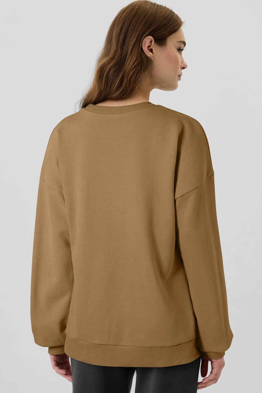 Camel Solid Fleece Lined Drop Shoulder High Low Sweatshirt - Chic Meadow Boutique 