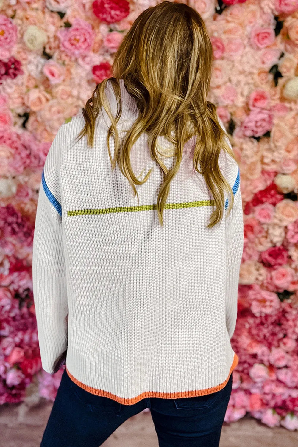 White Colorful Edge Quarter Zip Drop Shoulder Sweater - Chic Meadow Boutique 