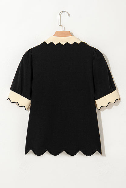 Black Color Contrast Collared V Neck Puff Sleeve Blouse