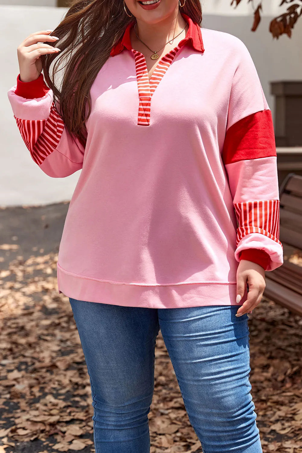 Rose Striped Patchwork Side Split Collared Plus Size Sweatshirt - Chic Meadow Boutique 