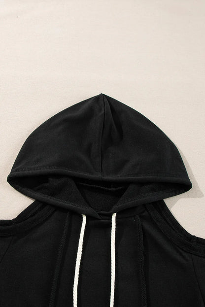 Black Exposed Seam Cold Shoulder Drawstring Hoodie - Chic Meadow Boutique 