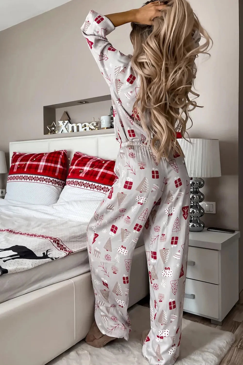 Light Grey Christmas Printed Shirt and Pants Pajama Set - Chic Meadow Boutique 