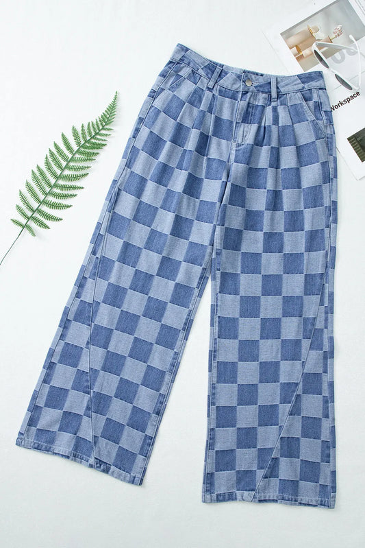 Dusk Blue Checkered Denim Wide Leg Jeans - Chic Meadow Boutique 