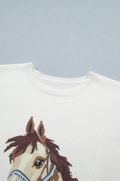 White Wild West Horse Head Printed Short Sleeve Sweater