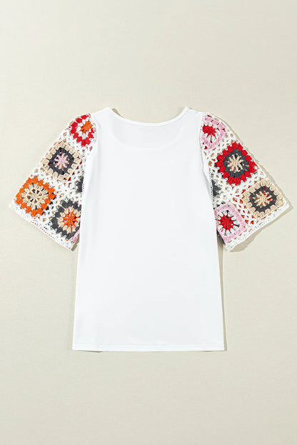 White Floral Crochet Short Sleeve Top - Chic Meadow Boutique 